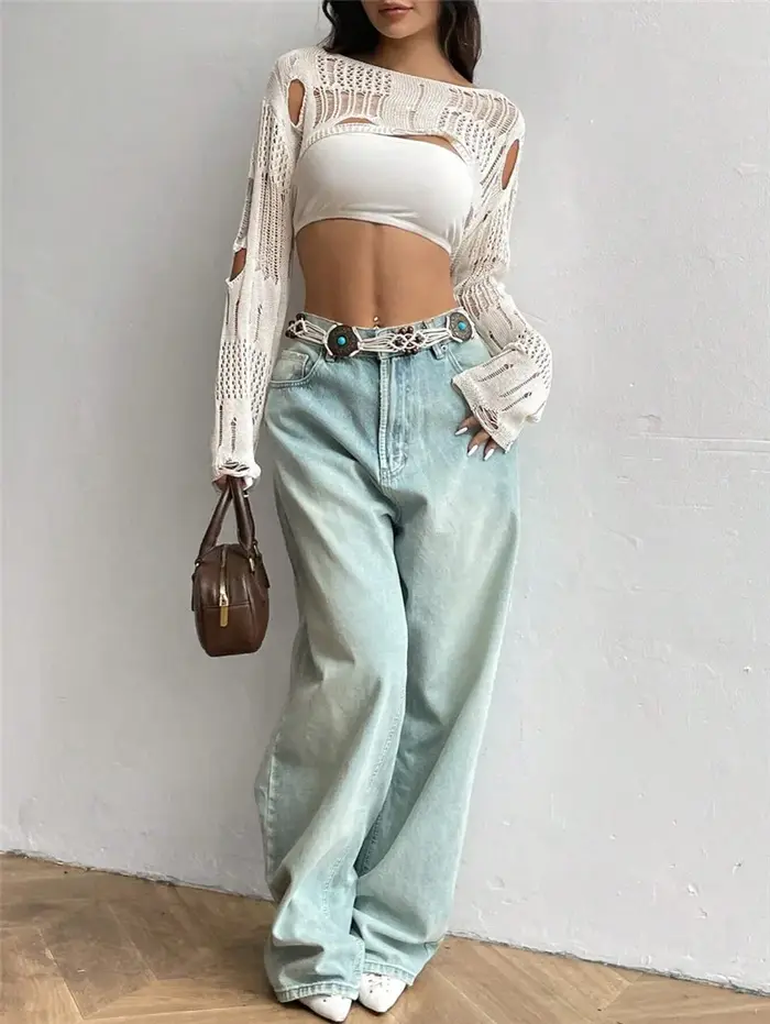 Femmes Sexy à manches longues voir à travers le crochet supérieur fleur trou creux tricoté Smock court pull femme
