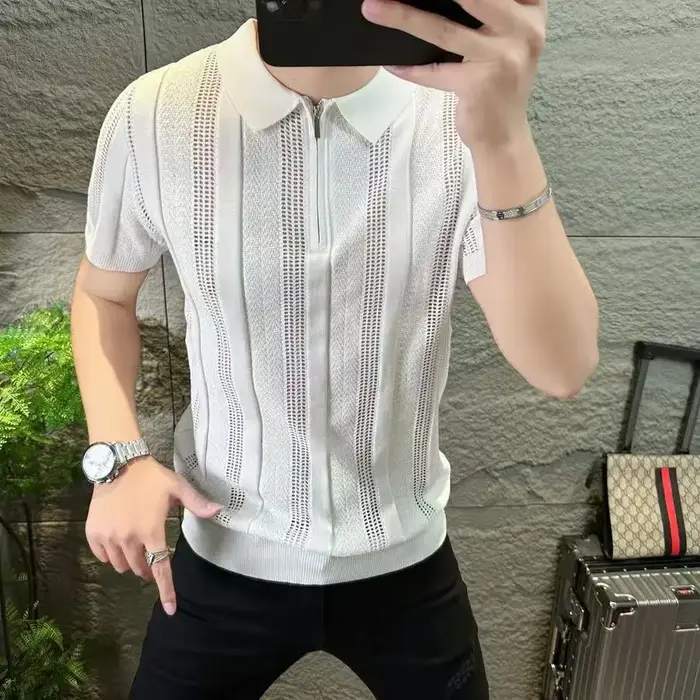 Polo tricoté à fermeture éclair pour hommes