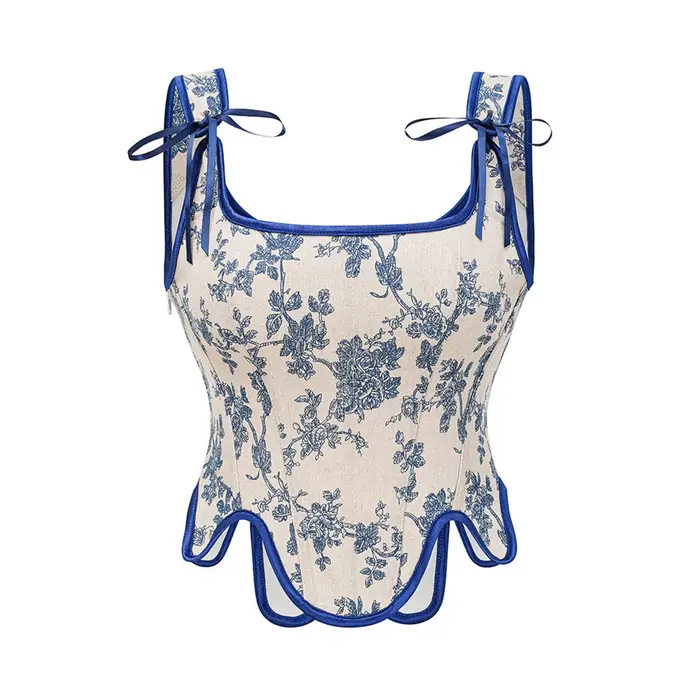 Xingqing Corset culture hauts Sexy femmes français Vintage Floral sans manches cravate Bustier t-shirts dames vêtements été Streetwear