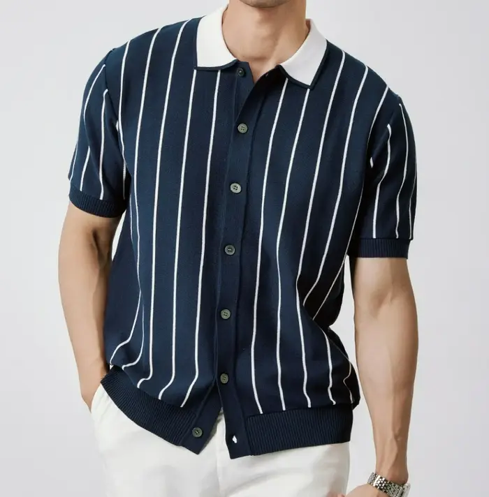 Polo rayé décontracté pour homme – Haut fin tricoté à col revers et manches courtes pour l'été