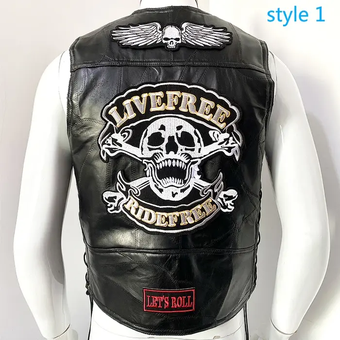 Gilet de motard en cuir pour homme, veste punk en peau de mouton émaillée, gilets de moto brodés têt