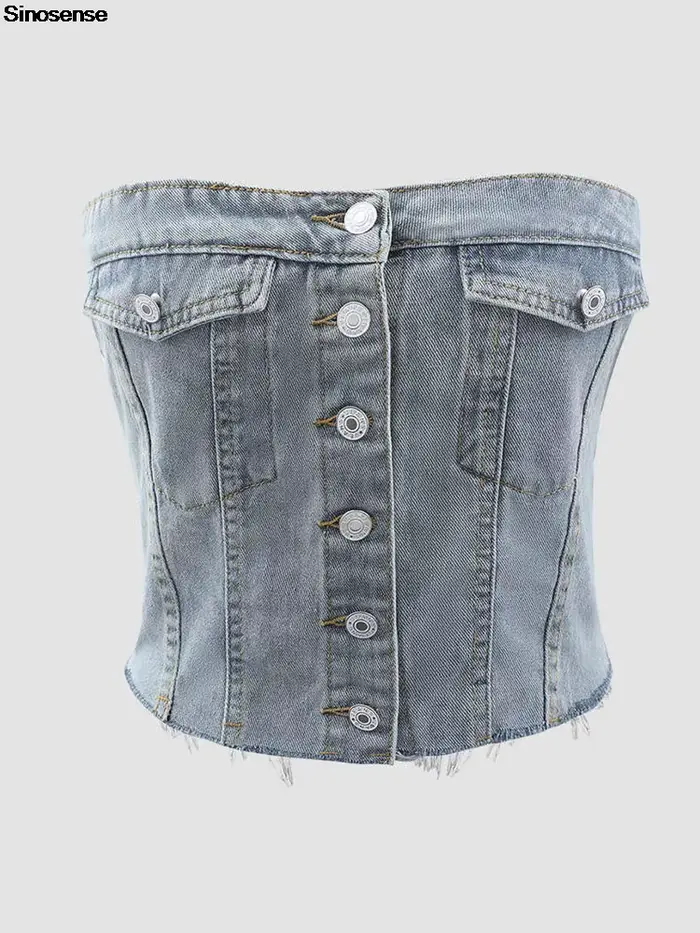 Haut court en denim sans bretelles pour femme