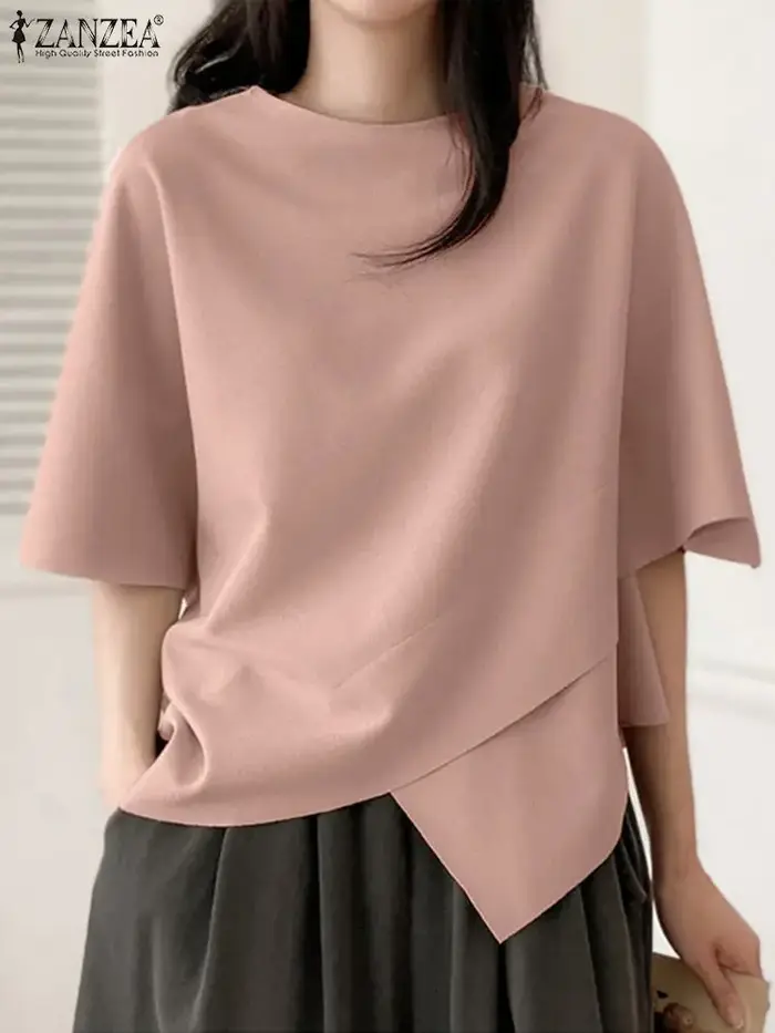 ZANZEA femmes asymétrique t-shirt mode été demi manches t-shirts 2024 coréen col rond plaine tuniques décontracté ample solide Simple hauts