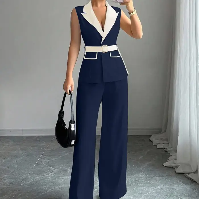 Ensemble pantalon large et gilet blazer élégant sans manches pour femme avec ceinture
