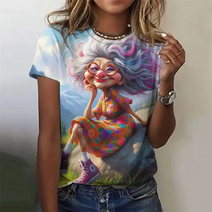 T-Shirt grand-mère de dessin animé imprimé en 3D pour femmes, t-shirts graphiques colorés à la mode,