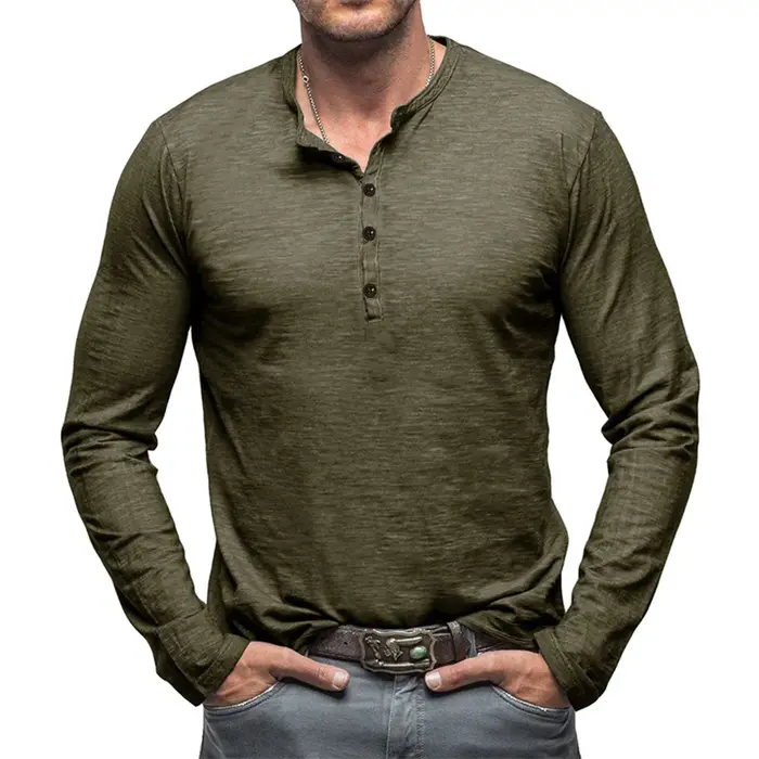 T-shirt à manches longues et col Henley pour hommes, décontracté, respirant, léger, en coton, couleu
