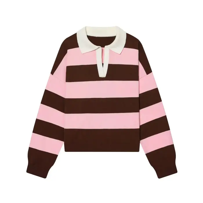 Nouvelle Arrivée Hiver – Pull Tricoté à Col Polo Rayé à Manches Longues – Style Décontracté Confortable en Fibre de Polyester Coupe Ample