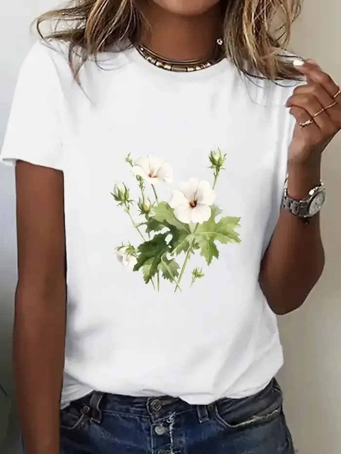 Coton 100% un nouveau T-shirt à manches courtes le plus vendu pour les vêtements pour femmes avec des fleurs de plantes européennes et américaines imprimées esthétiques