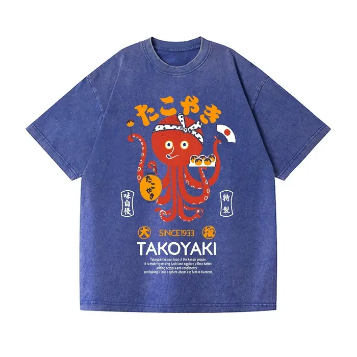 Takoyaki pour hommes Vintage Wash Design japonais T-Shirt drôle octobre imprimé à manches courtes col rond été 2025 t-shirts lourds