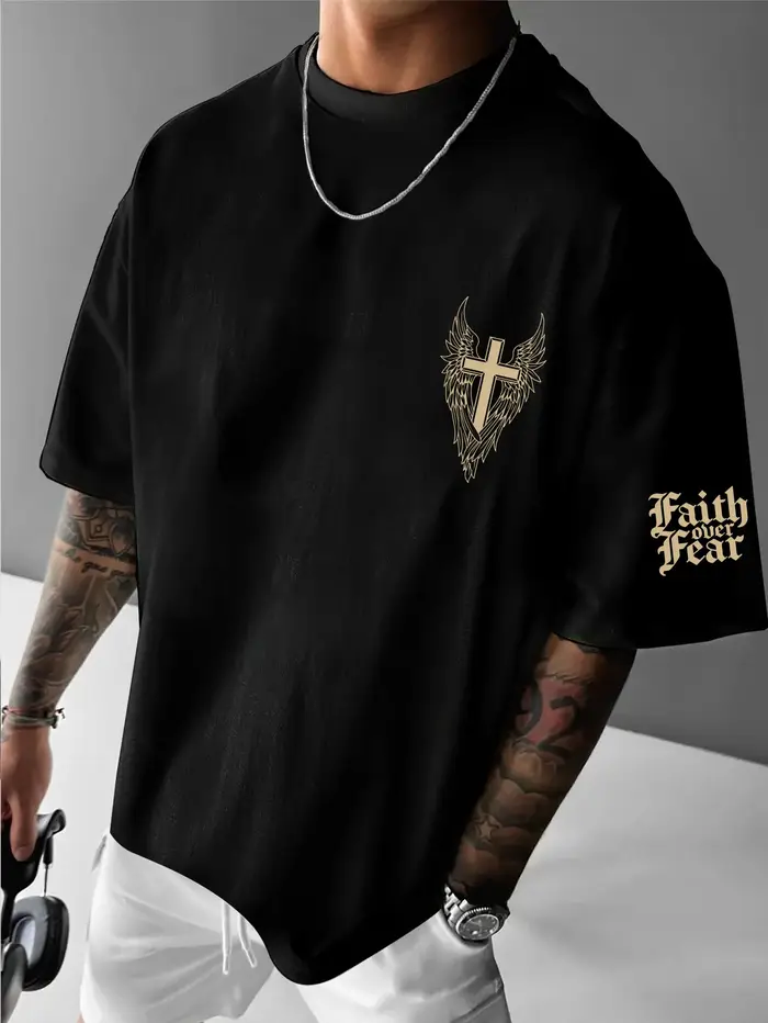 T-shirt pour homme en coton 100% avec imprimé tendance ailes de style croix d'ange américain, idéal pour les sports de plein air en été