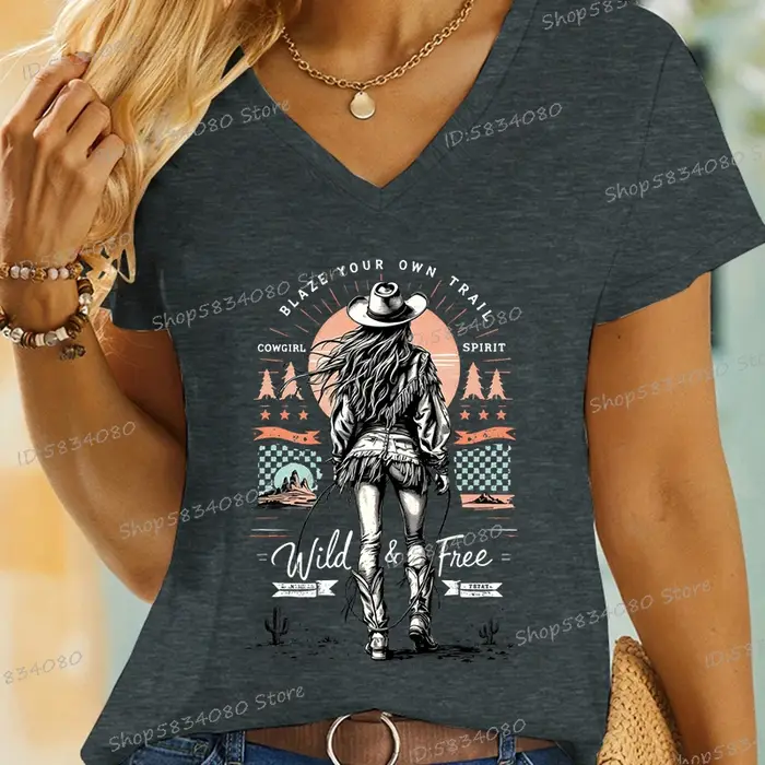 Rétro Cowgirl sauvage et gratuit imprimé T-shirt Vintage désert