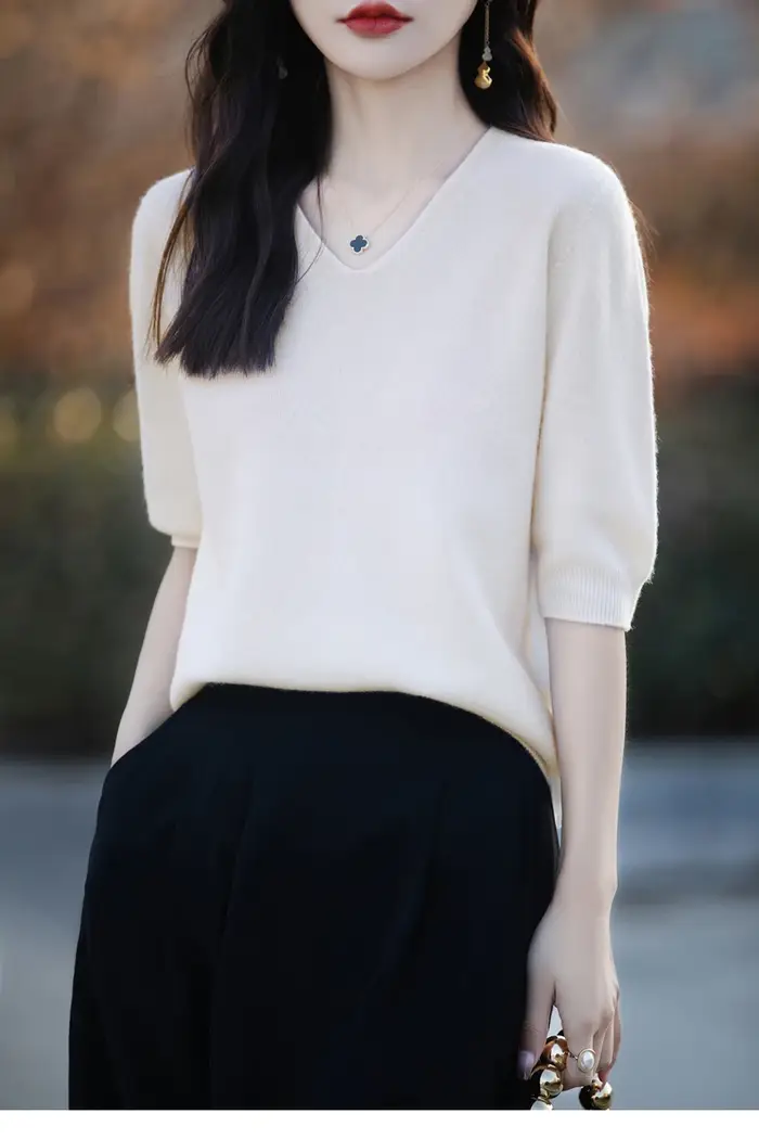 T-shirt à col en V en laine mérinos pour femmes, tricots basiques, vêtements à demi-manches, pull mo