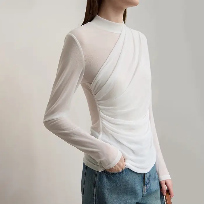 AMII t-shirts femmes 2025 automne nouveau col rond mince polyvalent dame tricoté hauts à manches longues Sexy transparent maille T-shirt 12543162