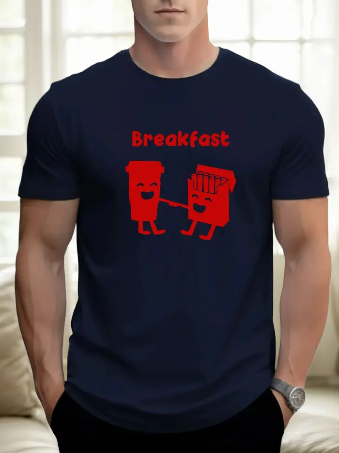 T-shirt pour hommes petit-déjeuner 100 % coton impression graphique été