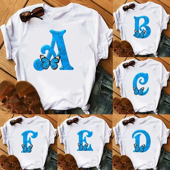 26 lettres anglaises papillon imprimé T-shirt à manches courtes femmes surdimensionné