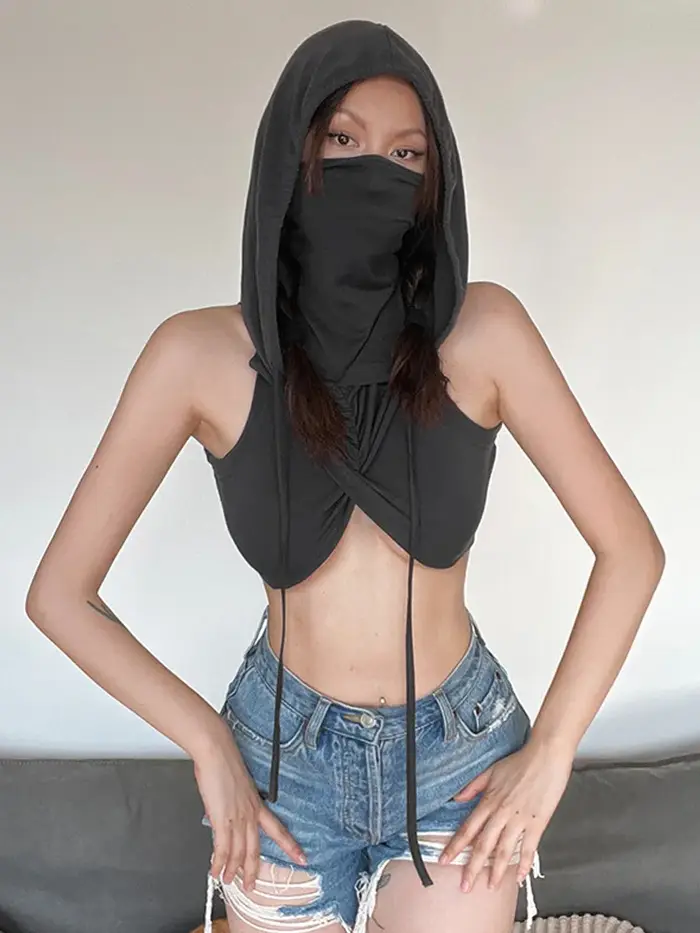 Débardeur Sexy à capuche solide pour femmes, vêtements, embout court, Design croisé, Streetwear, san
