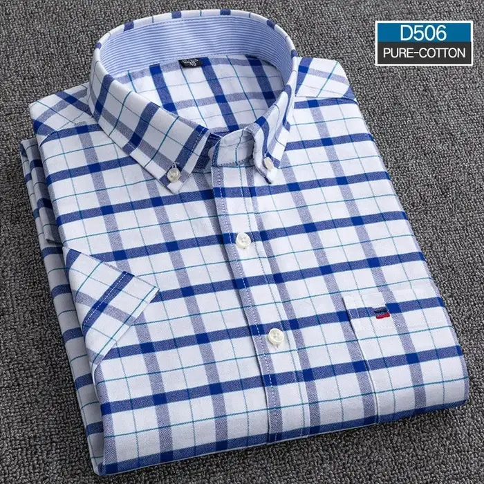 Chemises décontractées d'été pour hommes Oxford manches courtes col carré solide Plaid rayé poche unique chemise en coton confortable