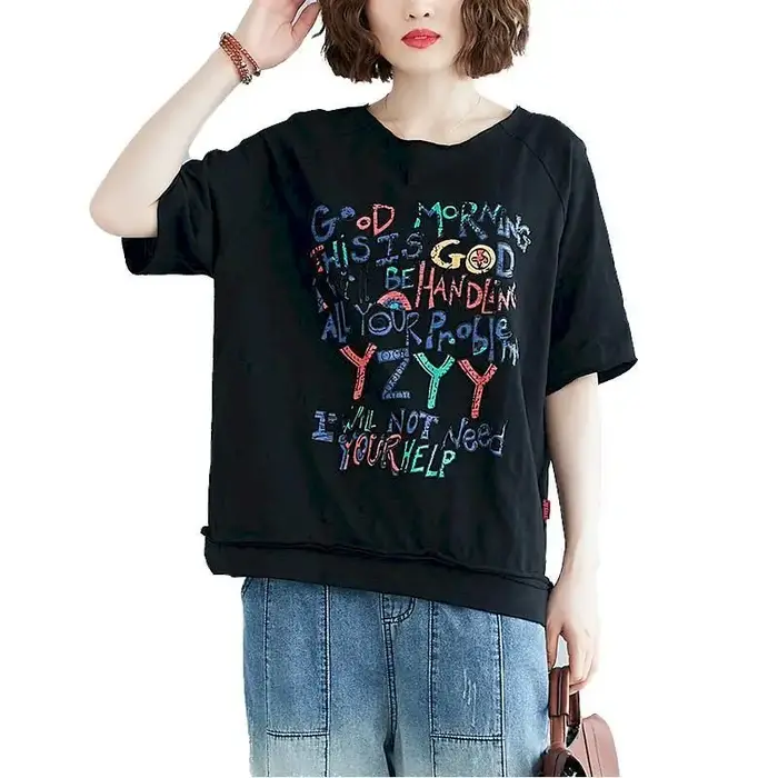 T-shirt manches courtes femme, ample et décontracté, en coton, avec lettres imprimées, art coréen, t