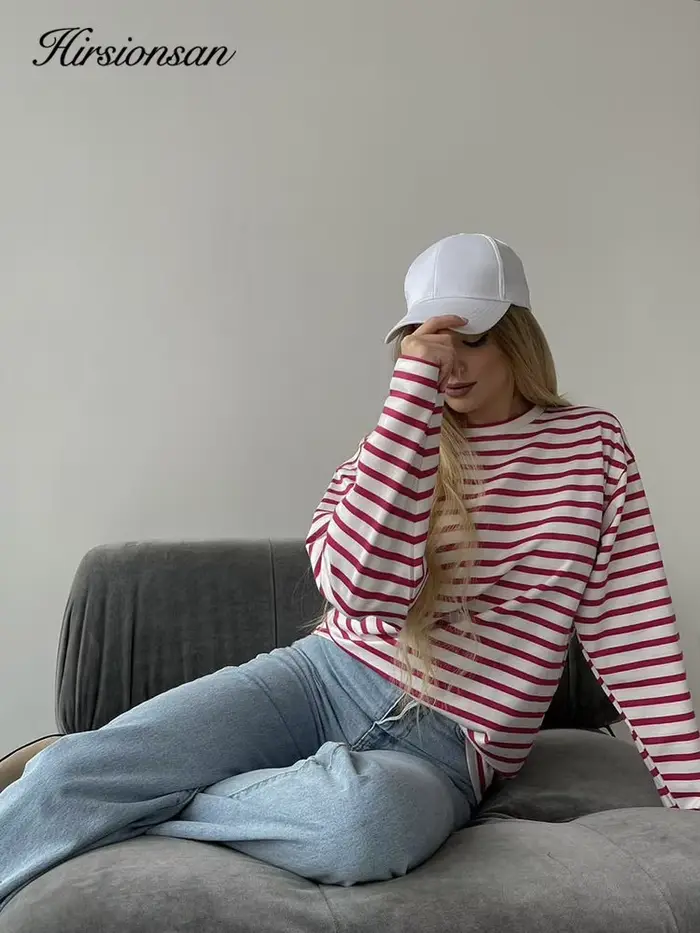 Hirsionsan – t-shirt rayé à manches longues pour femmes, 2023 coton, surdimensionné, décontracté, Ch