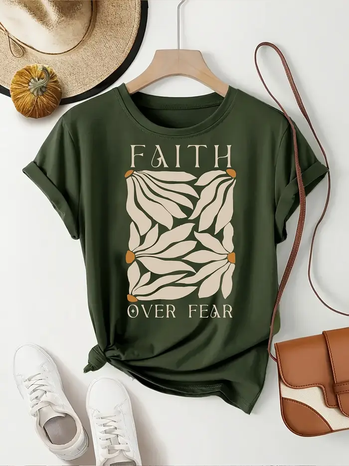T-shirt pour femme Faith Over Fear - Motif feuille minimaliste