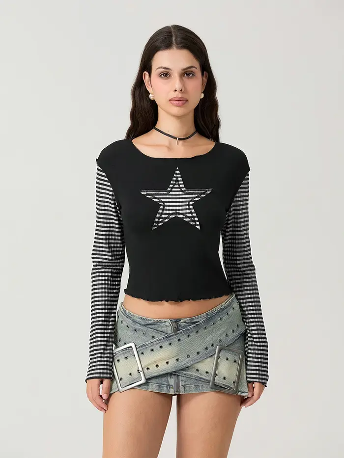 Women T-shirt Long Sleeve Crew Neck Star Stripe