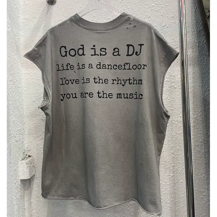 High Street sale endommagé trou dieu est un DJ débardeurs hommes femmes surdimensionné Saint manches-coupées T-Shirt