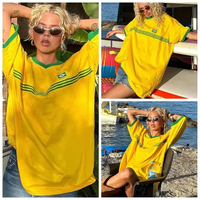 T-shirt court imprimé graphique Brésilien pour femme, style rétro estival, esthétique streetwear Harajuku, haut ample col en V, Y2K