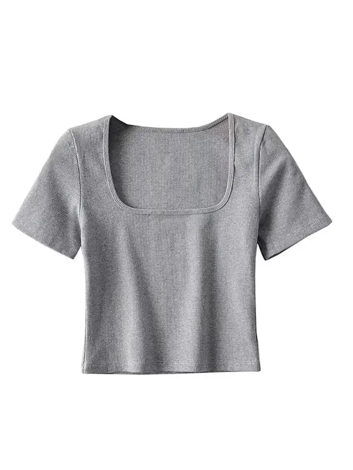 T-shirt court côtelé à col carré pour femmes, haut court à manches courtes