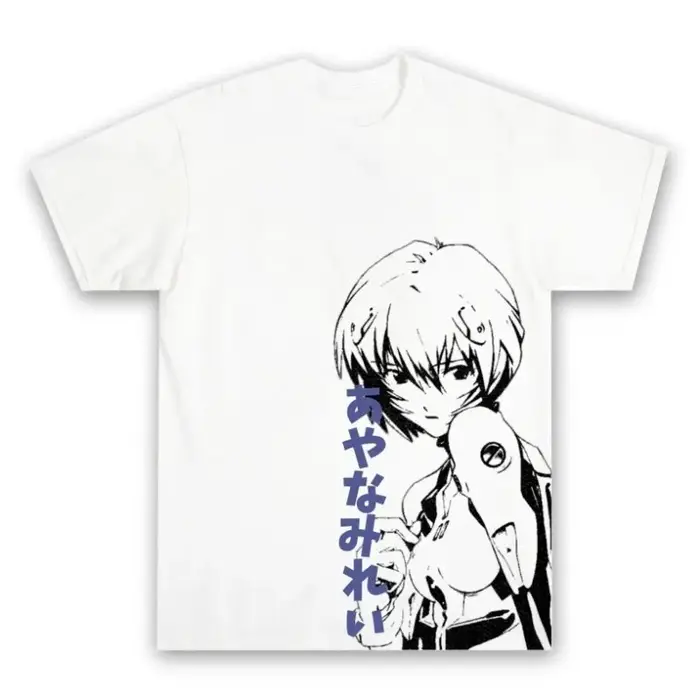 T-shirt décontracté en coton blanc surdimensionné avec impression verticale du texte japonais et du croquis de Rei Ayanami (Evangelion) pour les fans d'anime - Collection 2026