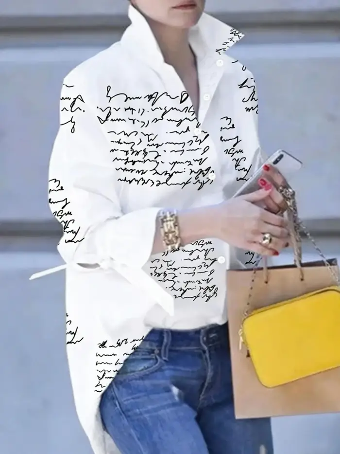 Chemise boutonnée blanche à imprimé script pour femme - Blouse décontractée à manches longues avec p
