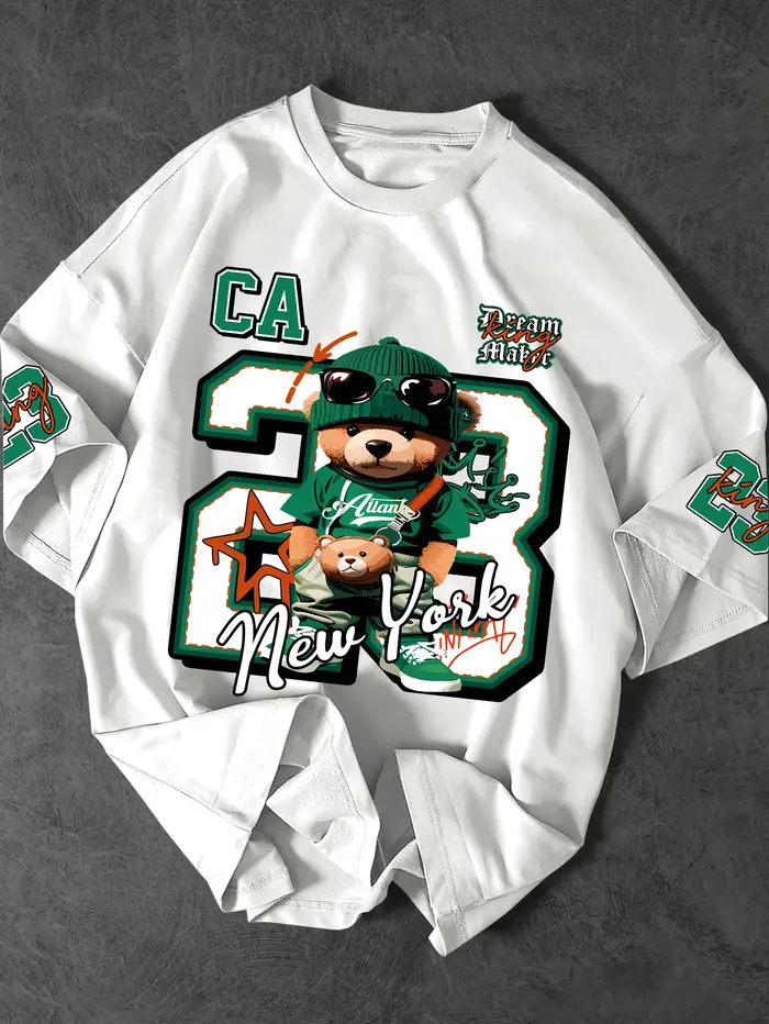 T-shirt pour homme, imprimé multi-positions Hip-Hop Teddy Bear avec le numéro 23 et le texte New York