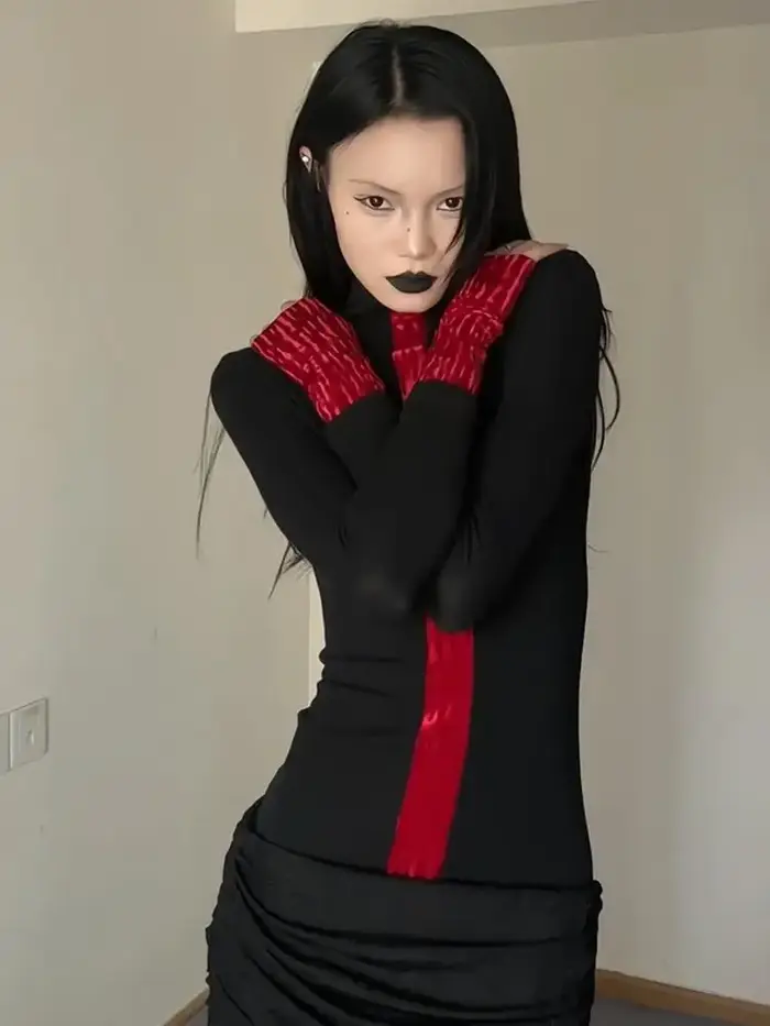 Yedinas Patchwork col roulé T-shirt femme vêtements à manches longues noir gothique haut d'automne 2000s