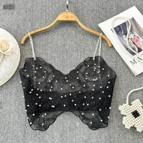 Haut court en dentelle transparente pour femme, bretelles spaghetti, broderie perlée à paillettes, c