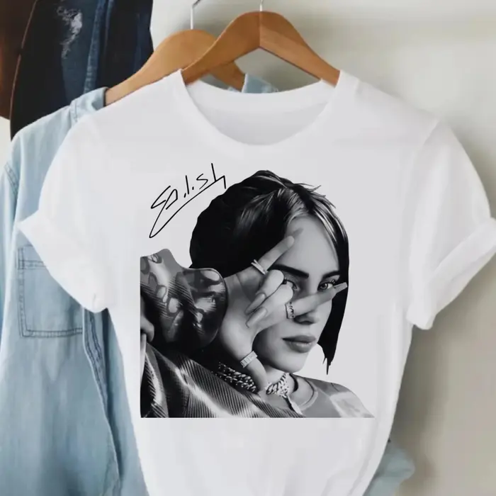 T-shirt unisexe en coton avec portrait de la chanteuse Billie Eilish, t-shirt d'été à manches courte