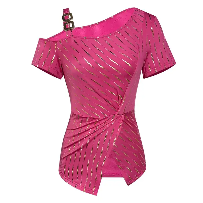 Haut asymétrique sexy à découpes - Hauts rose vif pour femmes pour sorties, chemise d'été chic à tor