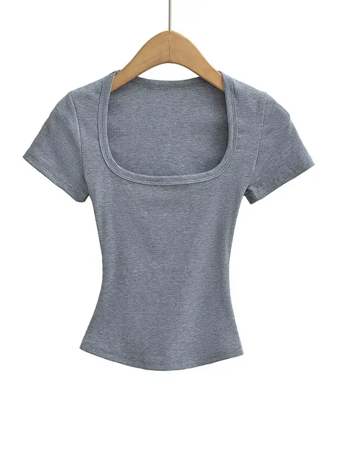Haut court d'été à col carré pour femmes, haute élasticité, manches courtes, sexy, coupe cintrée, pu
