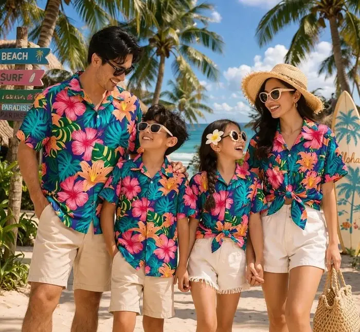 Chemise Hawaïenne Été 2026 Motif Vague Tropicale Vacances à la Plage Fleur T-shirt Parent-Enfant Haut de Sport Homme