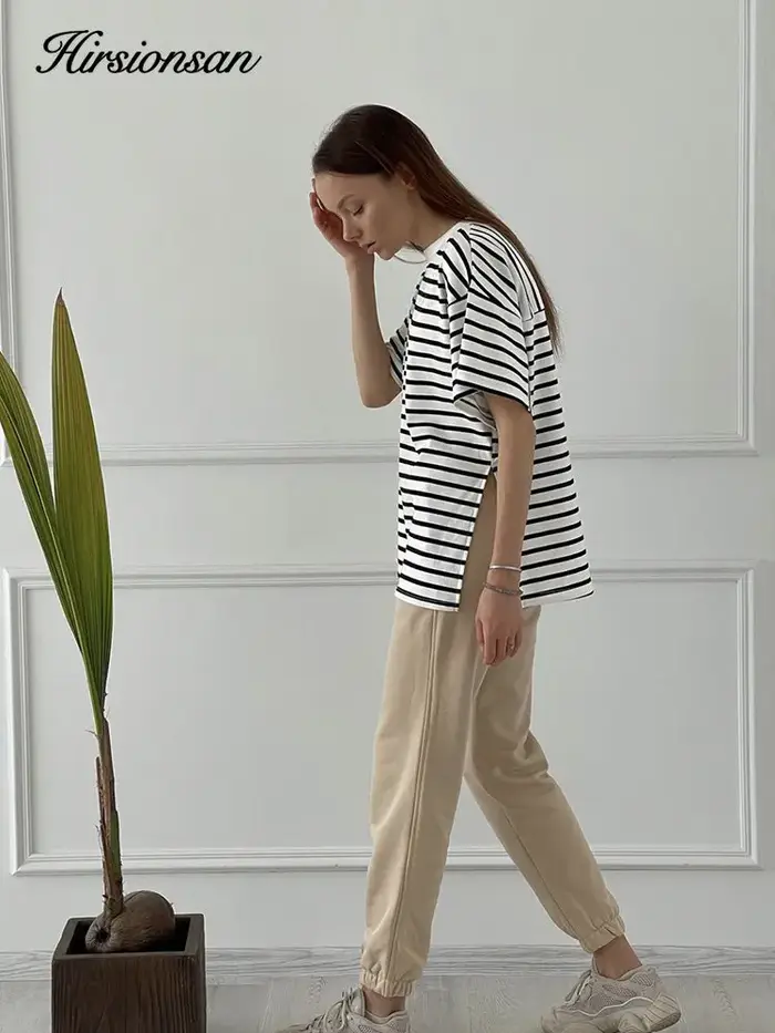 Hirsionsan – t-shirt oversize 100% coton pour femme, ample, rayé, fendu, décontracté, basique, été,
