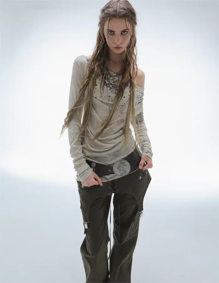 À la mode américain rétro y2k Harajuku punk début d'automne col pivotant épaule oblique chaud diamant imprimé design sens haut emo