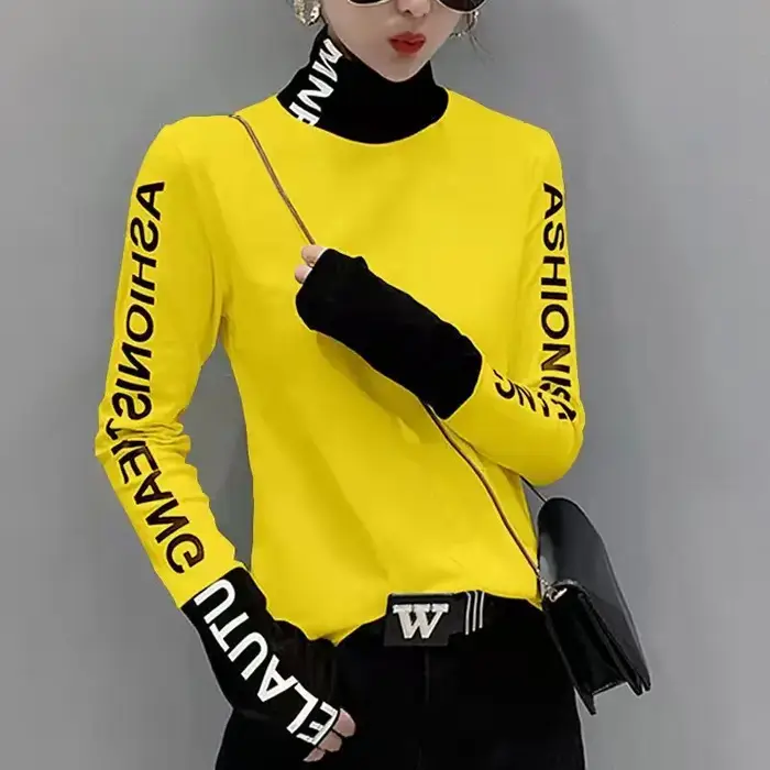Vêtements chaud T-shirt haut jaune pour femmes avec impression 2025 col roulé femme