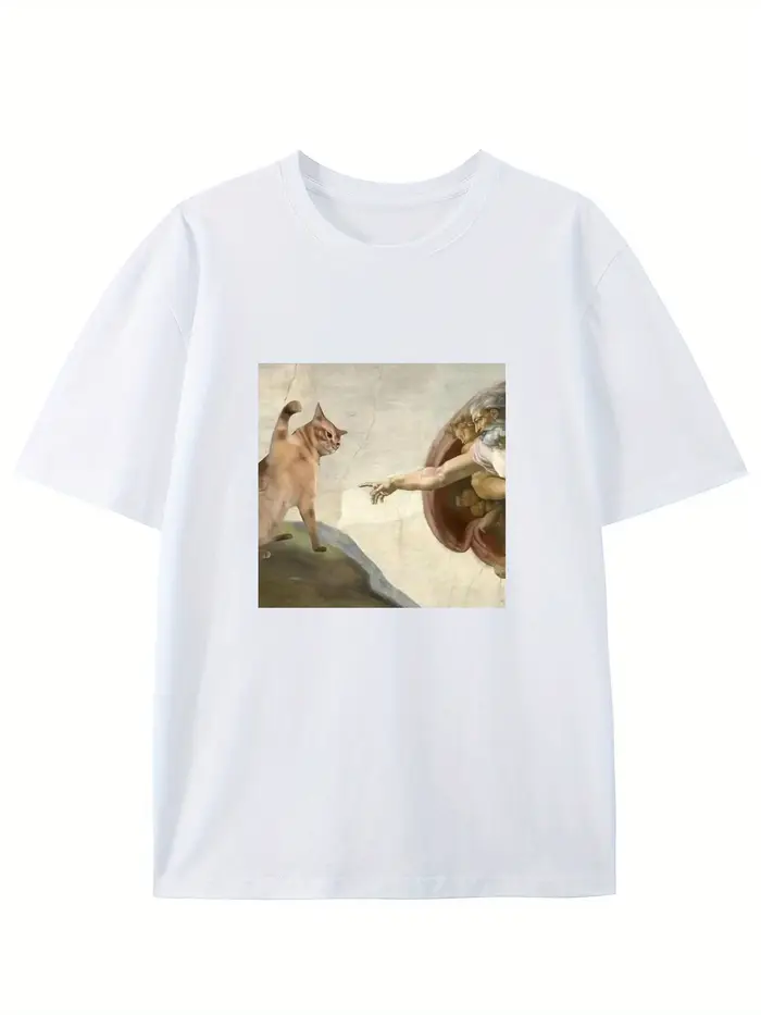 Chat humoristique et Adam Creation parodie graphique T-Shirt décontracté col rond coupe manches cour