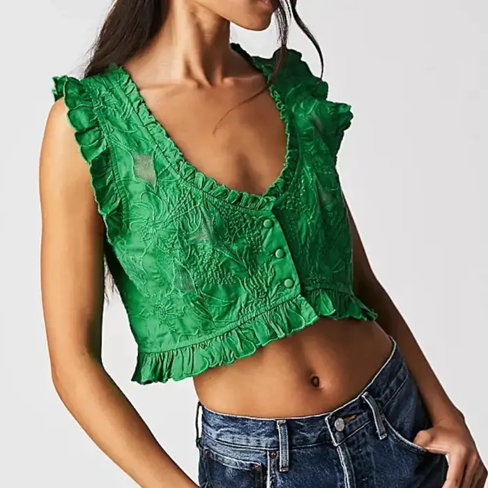 Débardeurs brodés pour femmes Y2K, crop top sans manches, gilet court à volants, hauts d'été rétro f