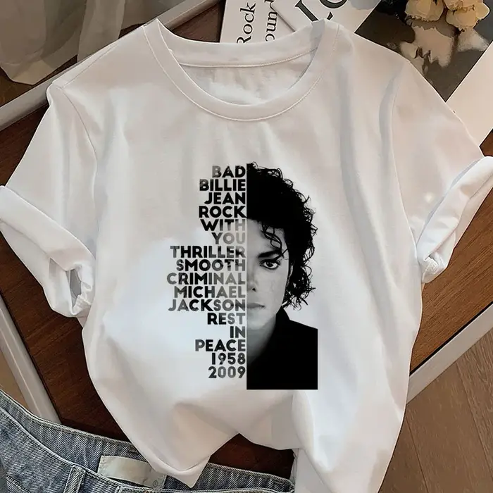 T-shirts Michael Jackson King of Pop pour femme, manches courtes, T-shirt décontracté à col rond imp