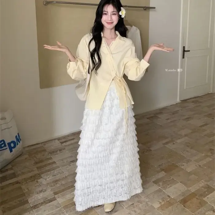 Chemises à manches longues en mousseline de soie pour femmes, à volants, surdimensionnées, boutonnées, Style Preppy, jeune, douce, Sexy, vêtements quotidiens de rue, tendance