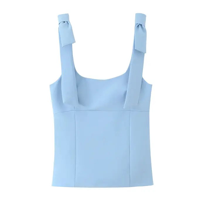 Femmes mode bretelles avec nœud ajusté débardeur col carré côté fermeture éclair femme Camis Mujer