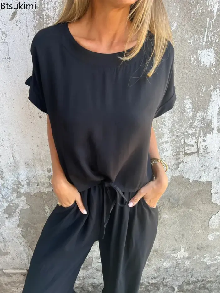 Nouveaux ensembles 2 pièces pour femmes : T-shirts amples à manches courtes et pantalons longs à volants