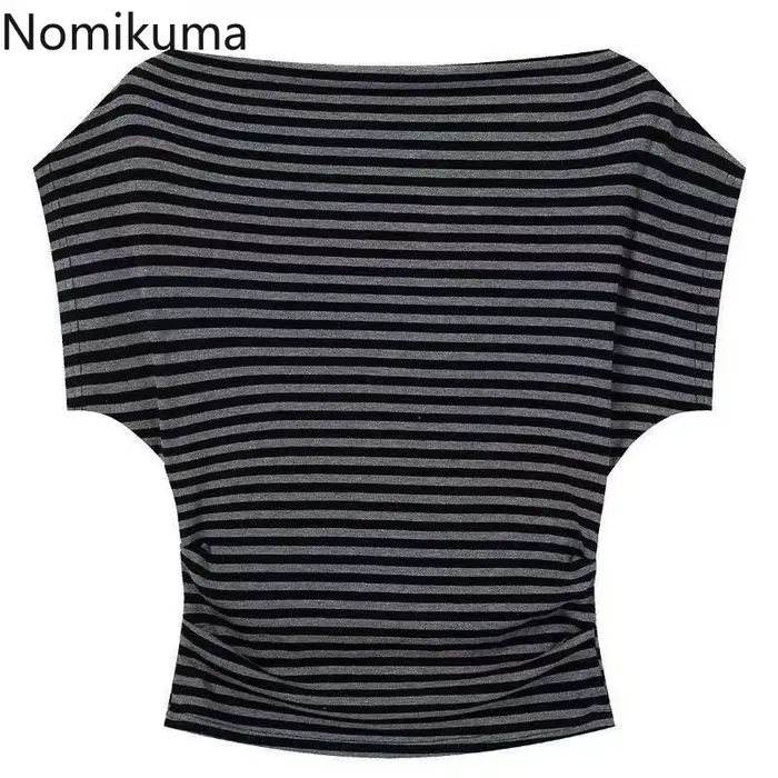 2025 vêtements pour femmes rayé t-shirts à manches courtes Slash cou décontracté Camisetas Ropa Mujer mode été