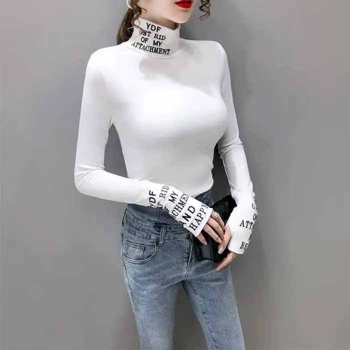 T-shirt à manches longues et col roulé en coton pour femme