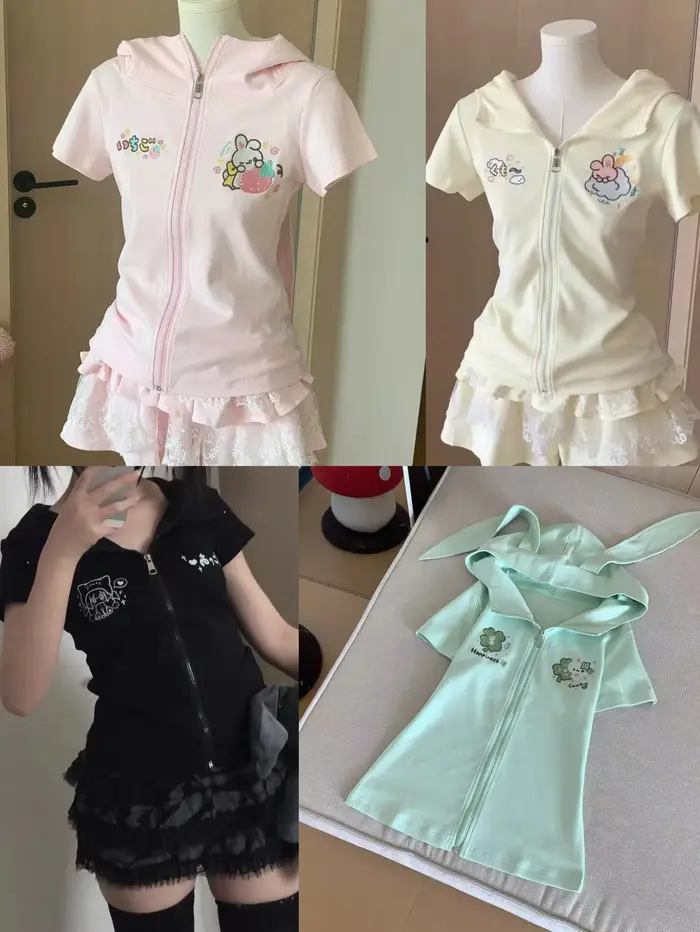 Kawaii dessin animé broderie t-shirts femmes Y2k esthétique T-shirt à capuche Style japonais coupe ajustée fermeture
