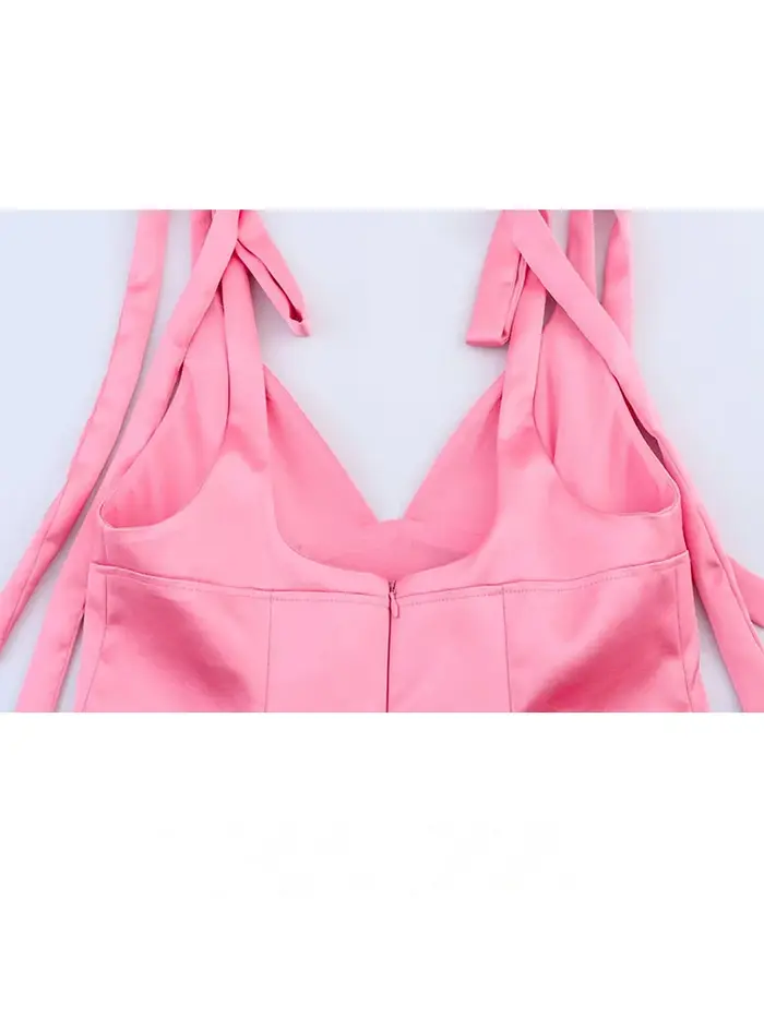 HH femme haut tendance solide col en v sans manches dos nu nœud à lacets décorer fermeture éclair femmes été Sexy mince hauts 2 couleurs +